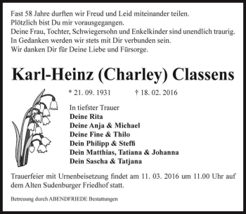 Traueranzeige von Karl-Heinz (Charley) Classens  von Magdeburger Volksstimme