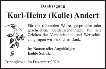 Traueranzeige von Karl-Heinz (Kalle) Andert  von Magdeburger Volksstimme