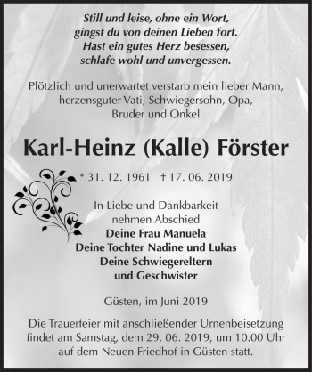 Traueranzeige von Karl-Heinz (Kalle) Förster  von Magdeburger Volksstimme