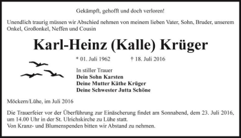 Traueranzeige von Karl-Heinz (Kalle) Krüger  von Magdeburger Volksstimme