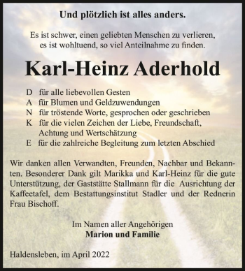 Traueranzeige von Karl-Heinz Aderhold  von Magdeburger Volksstimme