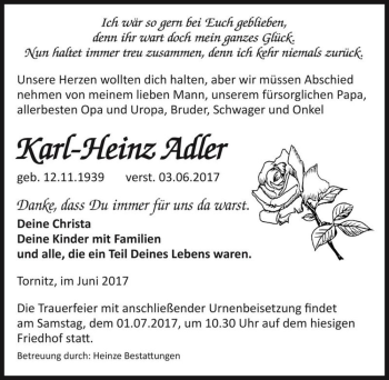 Traueranzeige von Karl-Heinz Adler  von Magdeburger Volksstimme
