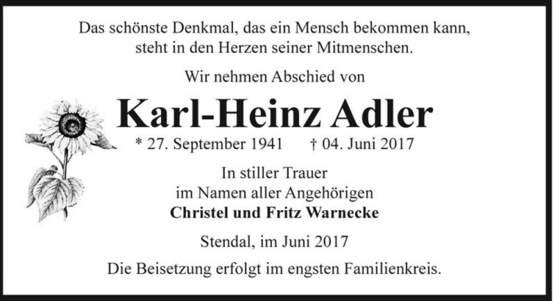  Traueranzeige für Karl-Heinz Adler  vom 16.06.2017 aus Magdeburger Volksstimme