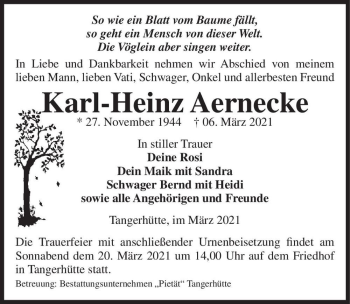 Traueranzeige von Karl-Heinz Aernecke  von Magdeburger Volksstimme