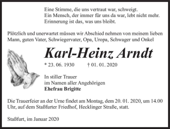 Traueranzeige von Karl-Heinz Arndt  von Magdeburger Volksstimme