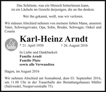 Traueranzeige von Karl-Heinz Arndt  von Magdeburger Volksstimme