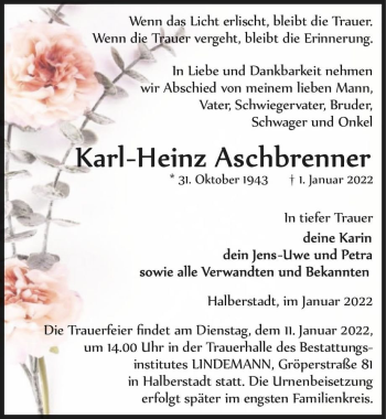 Traueranzeige von Karl-Heinz Aschbrenner  von Magdeburger Volksstimme