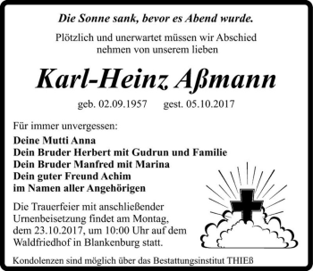 Traueranzeige von Karl-Heinz Aßmann  von Magdeburger Volksstimme