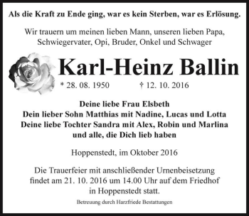 Traueranzeige von Karl-Heinz Ballin  von Magdeburger Volksstimme
