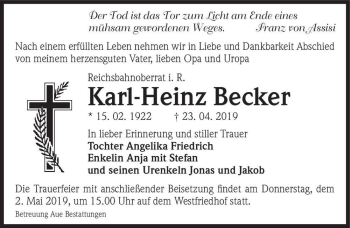Traueranzeige von Karl-Heinz Becker  von Magdeburger Volksstimme