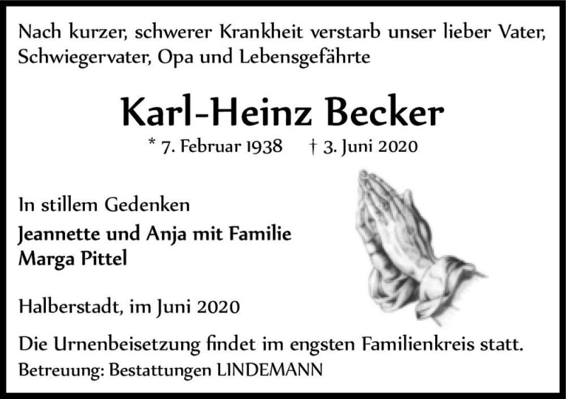  Traueranzeige für Karl-Heinz Becker  vom 13.06.2020 aus Magdeburger Volksstimme