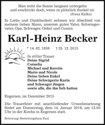 Traueranzeige von Karl-Heinz Becker  von Magdeburger Volksstimme