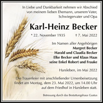 Traueranzeige von Karl-Heinz Becker  von Magdeburger Volksstimme