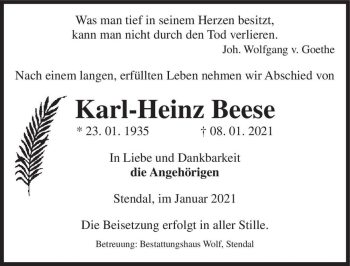Traueranzeige von Karl-Heinz Beese  von Magdeburger Volksstimme