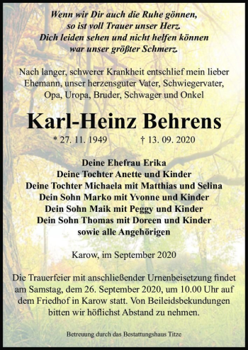 Traueranzeige von Karl-Heinz Behrens  von Magdeburger Volksstimme