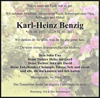 Traueranzeige von Karl-Heinz Benzig  von Magdeburger Volksstimme