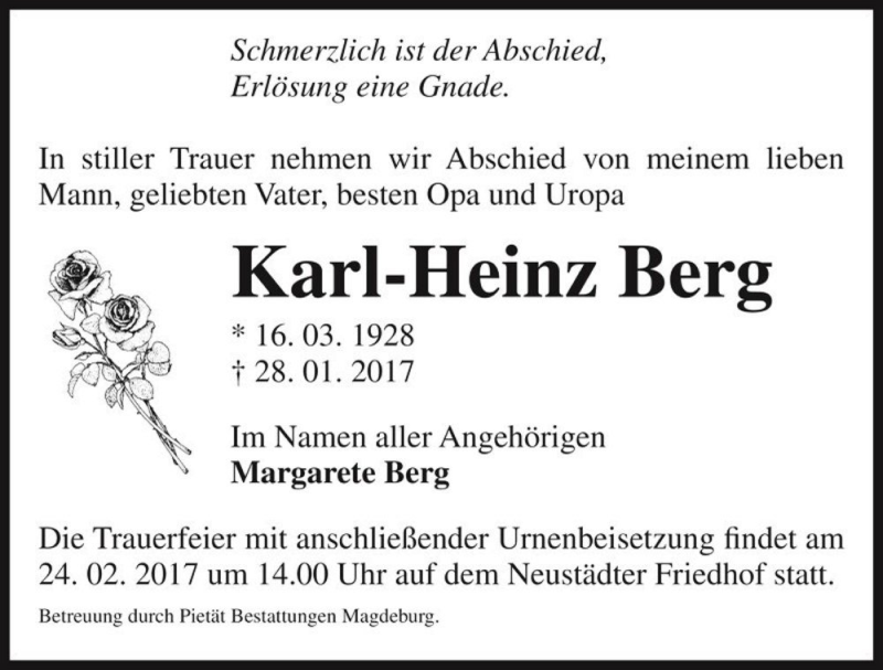  Traueranzeige für Karl-Heinz Berg  vom 11.02.2017 aus Magdeburger Volksstimme