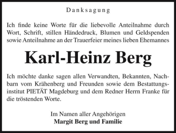 Traueranzeige von Karl-Heinz Berg  von Magdeburger Volksstimme