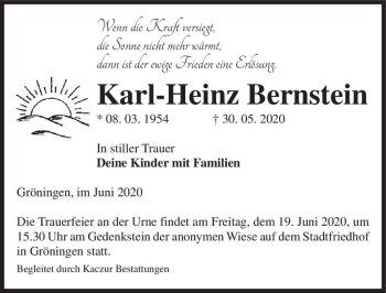 Traueranzeige von Karl-Heinz Bernstein  von Magdeburger Volksstimme