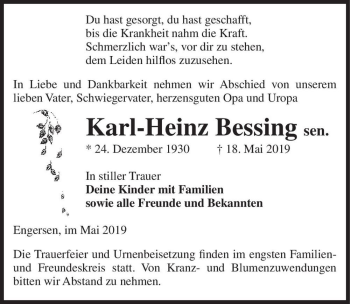 Traueranzeige von Karl-Heinz Bessing sen.  von Magdeburger Volksstimme