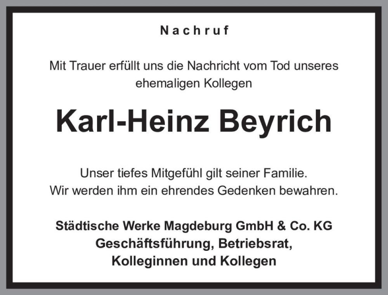  Traueranzeige für Karl-Heinz Beyrich  vom 21.11.2020 aus Magdeburger Volksstimme