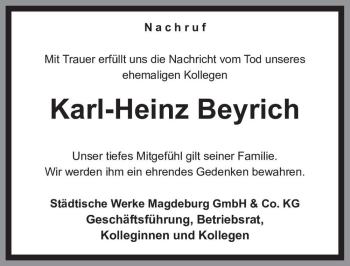 Traueranzeige von Karl-Heinz Beyrich  von Magdeburger Volksstimme