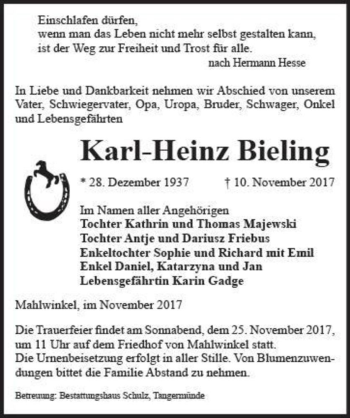 Traueranzeige von Karl-Heinz Bieling  von Magdeburger Volksstimme
