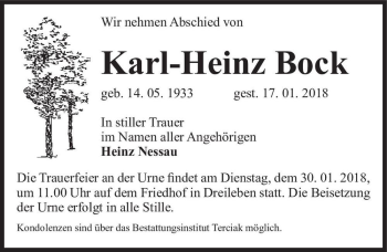 Traueranzeige von Karl-Heinz Bock  von Magdeburger Volksstimme