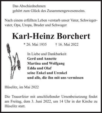 Traueranzeige von Karl-Heinz Borchert  von Magdeburger Volksstimme