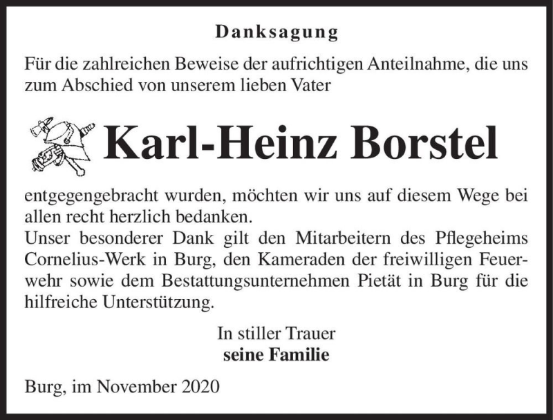  Traueranzeige für Karl-Heinz Borstel  vom 07.11.2020 aus Magdeburger Volksstimme