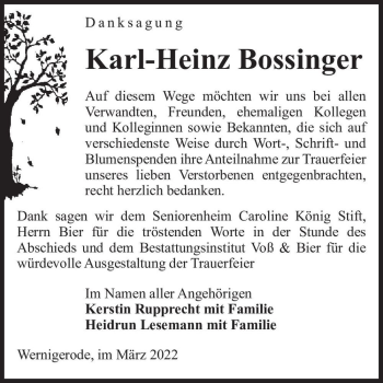 Traueranzeige von Karl-Heinz Bossinger  von Magdeburger Volksstimme