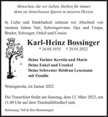 Traueranzeige von Karl-Heinz Bossinger  von Magdeburger Volksstimme