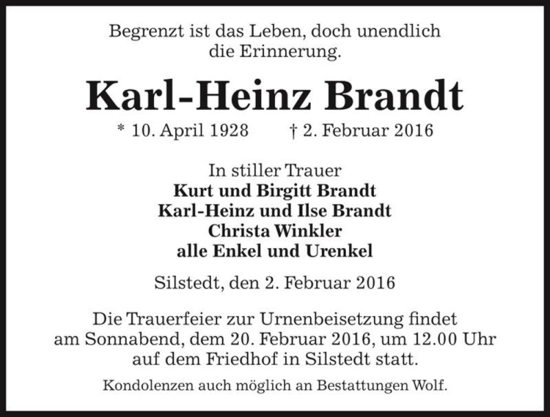  Traueranzeige für Karl-Heinz Brandt  vom 05.02.2016 aus Magdeburger Volksstimme