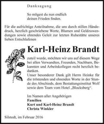 Traueranzeige von Karl-Heinz Brandt  von Magdeburger Volksstimme