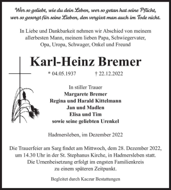 Traueranzeige von Karl-Heinz Bremer  von Magdeburger Volksstimme