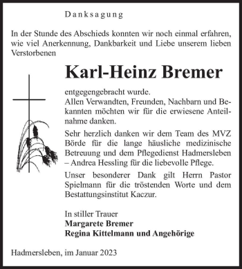 Traueranzeige von Karl-Heinz Bremer  von Magdeburger Volksstimme