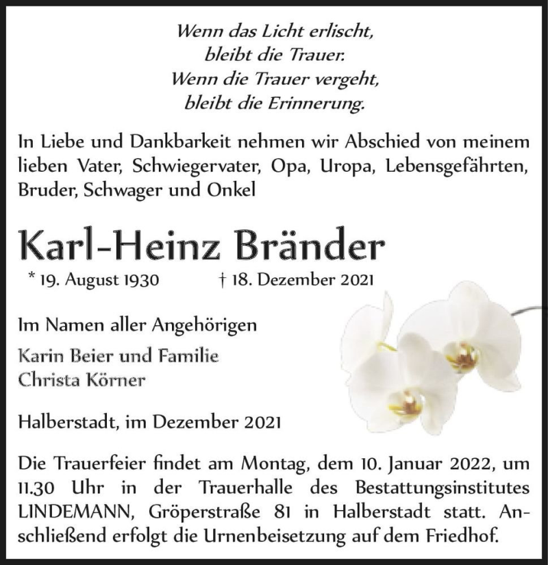  Traueranzeige für Karl-Heinz Bränder  vom 24.12.2021 aus Magdeburger Volksstimme