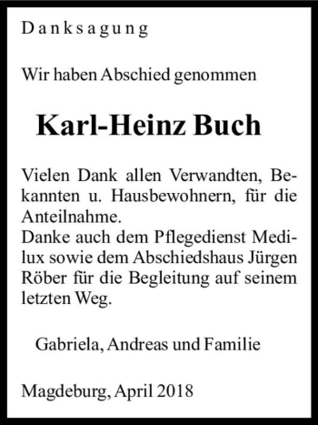 Traueranzeige von Karl-Heinz Buch  von Magdeburger Volksstimme