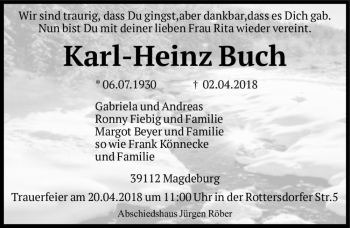 Traueranzeige von Karl-Heinz Buch  von Magdeburger Volksstimme