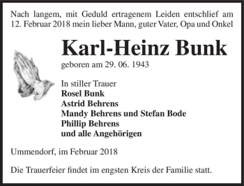 Traueranzeige von Karl-Heinz Bunk  von Magdeburger Volksstimme