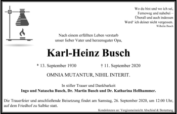 Traueranzeige von Karl-Heinz Busch  von Magdeburger Volksstimme