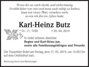 Traueranzeige von Karl-Heinz Butz  von Magdeburger Volksstimme