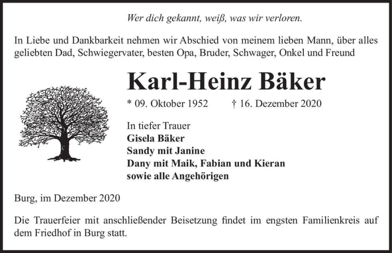  Traueranzeige für Karl-Heinz Bäker  vom 19.12.2020 aus Magdeburger Volksstimme