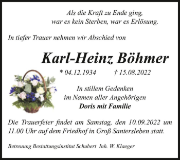 Traueranzeige von Karl-Heinz Böhmer  von Magdeburger Volksstimme