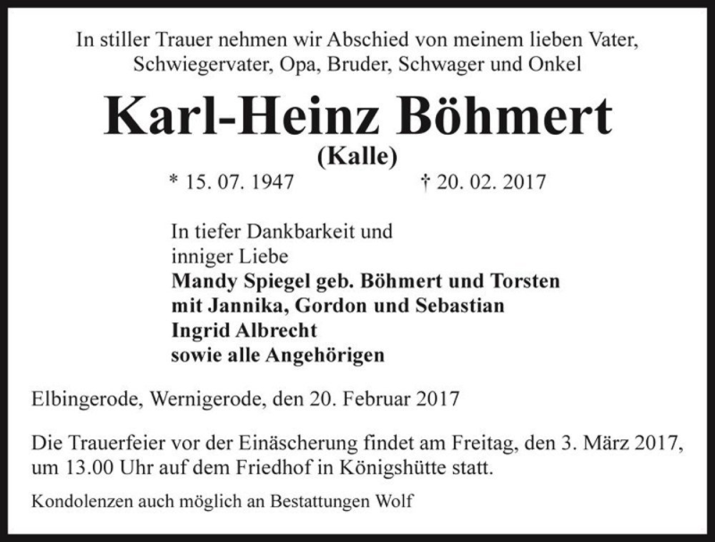 Traueranzeige für Karl-Heinz Böhmert (Kalle)  vom 24.02.2017 aus Magdeburger Volksstimme