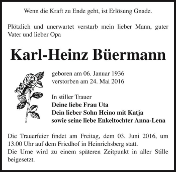 Traueranzeige von Karl-Heinz Büermann  von Magdeburger Volksstimme