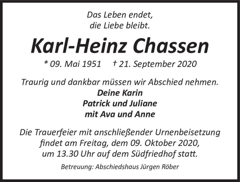  Traueranzeige für Karl-Heinz Chassen  vom 26.09.2020 aus Magdeburger Volksstimme
