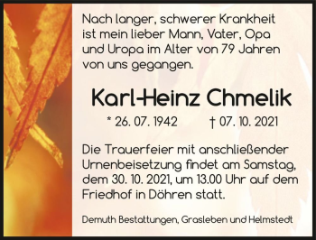 Traueranzeige von Karl-Heinz Chmelik  von Magdeburger Volksstimme