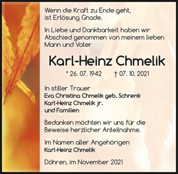 Traueranzeige von Karl-Heinz Chmelik  von Magdeburger Volksstimme