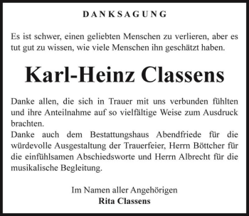 Traueranzeige von Karl-Heinz Classens  von Magdeburger Volksstimme
